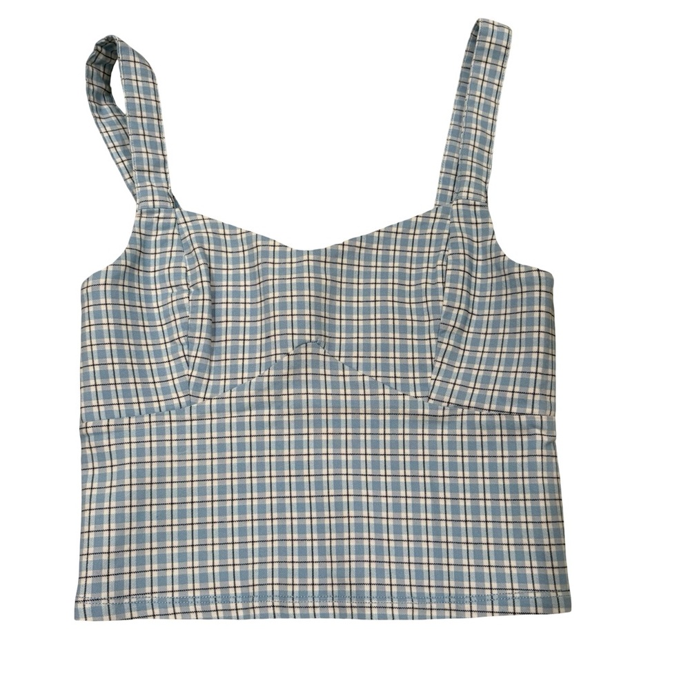 NWT, Hollister Blue Fitted Stretch Crop Tank Top, Blue and White Plaid, Sz S - Picture 6 of 9